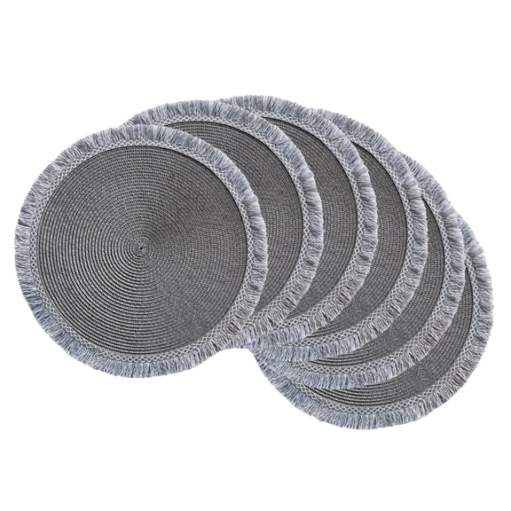 Contemporary Home Living Round Woven Fringed Placemats - 14.75" - Gray - Set of 6