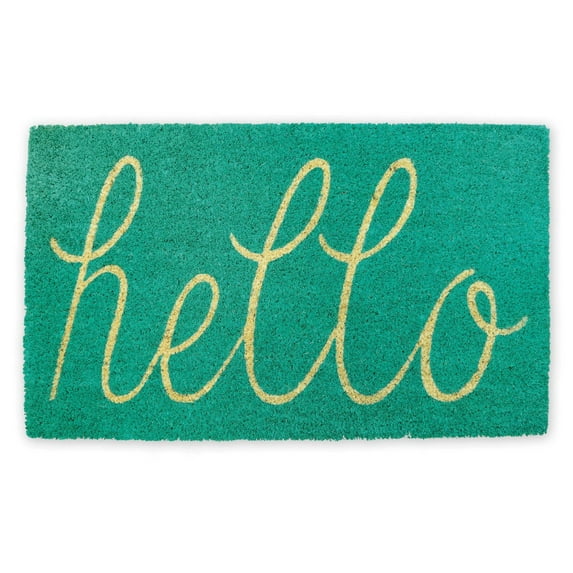 DII Hello Coir Fiber Doormat Non-Slip Durable Outdoor/Indoor, Pet Friendly, 17x29", Aqua