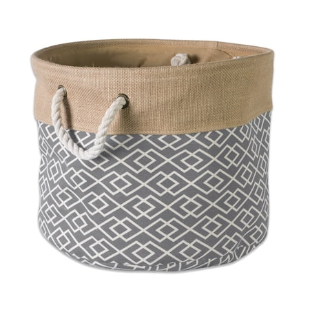 DII Jute Storage Collection Collapsible Burlap Diamond Storage Bin, Small Round, 12x9", Gray