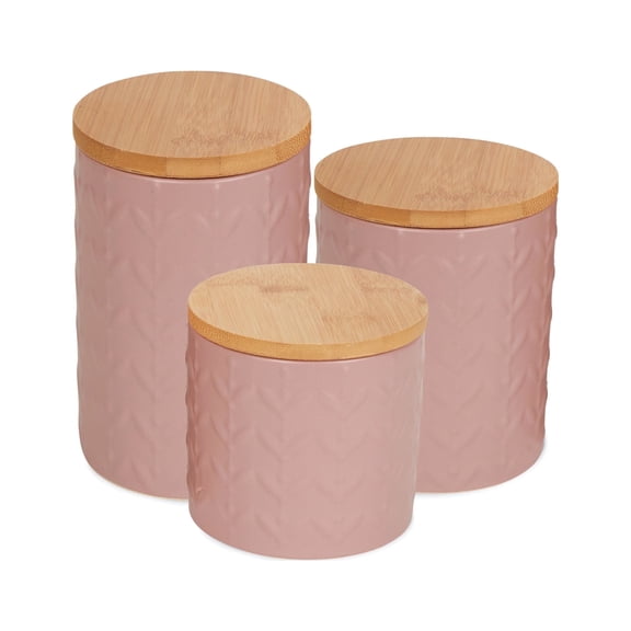 DII Kitchen Accessories Textured Matte Ceramic Canister Set, Pale Mauve, Vine, 3 Piece
