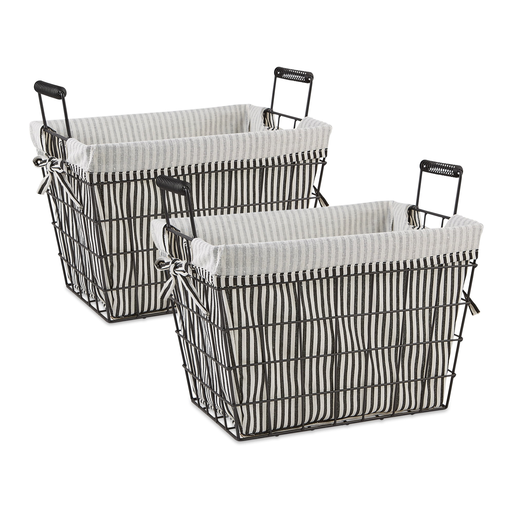 Black Metal Wire Basket Set with Striped Fabric Liners