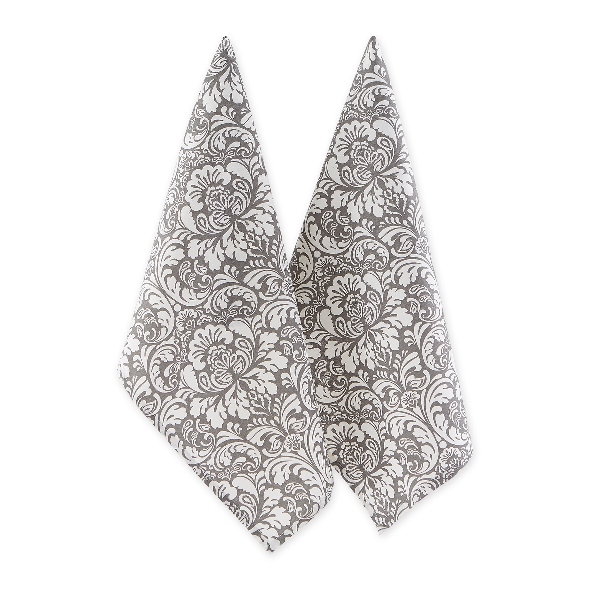 Gray and White Cotton Damask Dishtowel Set of 2