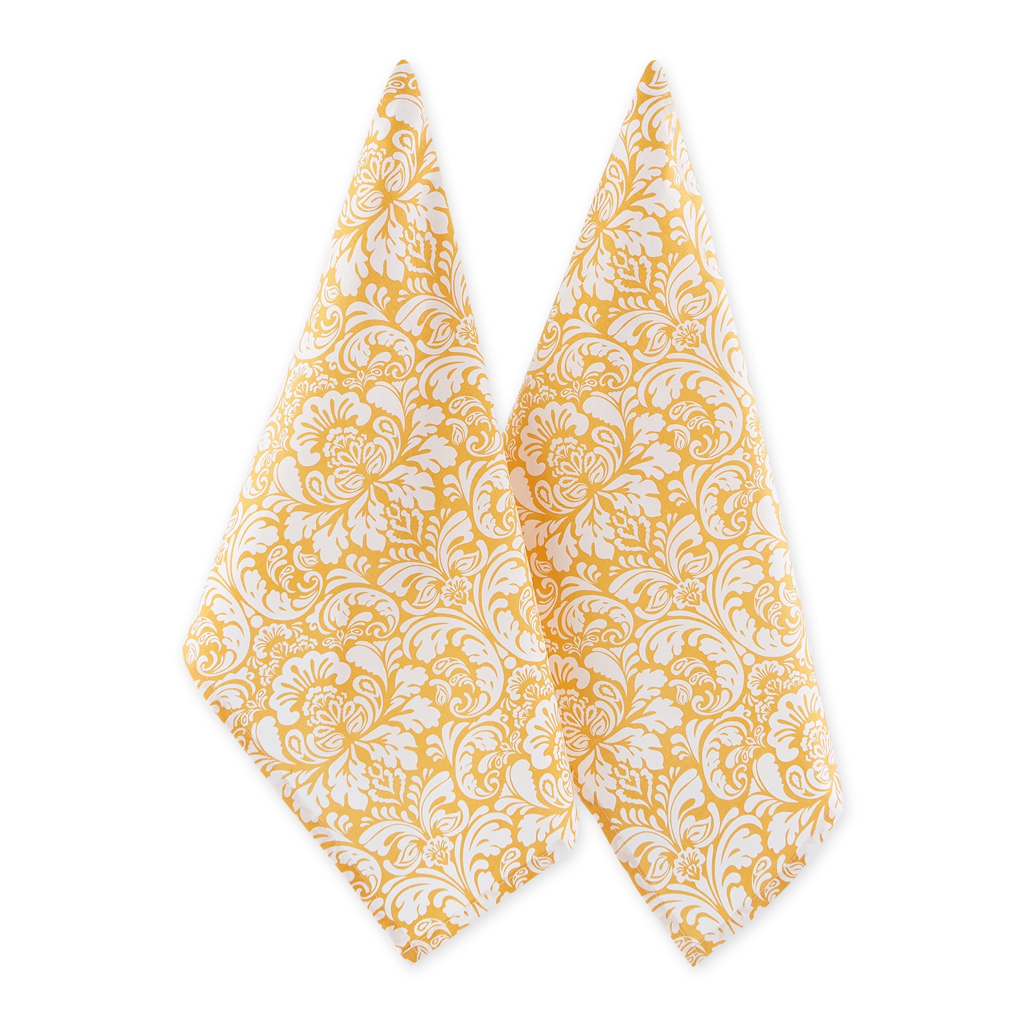 Mustard Yellow Cotton Damask Print Dishtowel Set of 2