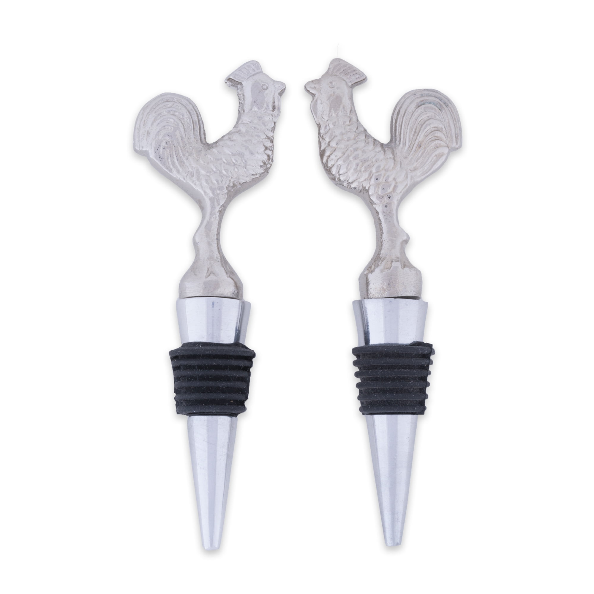 Silver Rooster Metal Wine Bottle Stoppers, Set of 2