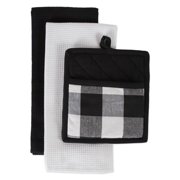 DII Modern Cotton Buffalo Check Potholder and Dishtowel Kitchen Set in Black