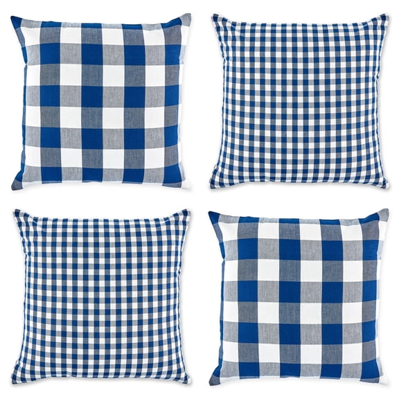 Contemporary Home Living Set of 4 Blue and White Gingham and Buffalo Check Pillow Cover, 18"