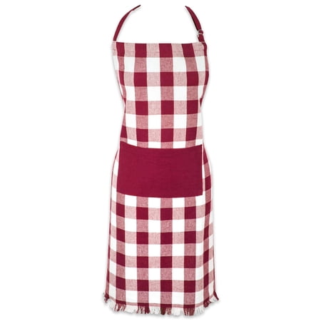 DII Modern Cotton Heavyweight Check Fringed Chef Apron in Wine Red