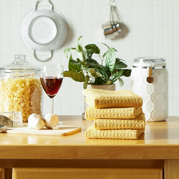 DII Modern Cotton Solid Waffle Terry Dishtowels in Mustard Yellow (Set of 4)