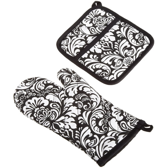 Contemporary Home Living Damask Kitchen Oven Mitt and Potholder - 12" - Black and White - 2Pc