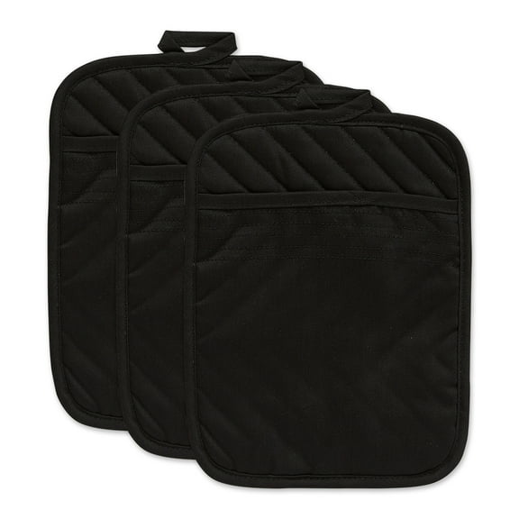 Contemporary Home Living Quilted Cotton Kitchen Potholders - 9" - Black - Set of 3