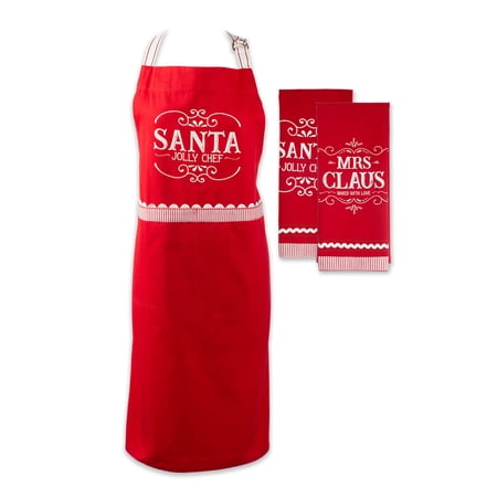 Contemporary Home Living Set of 3 Santa Jolly Chef Christmas Apron and Hand Towels