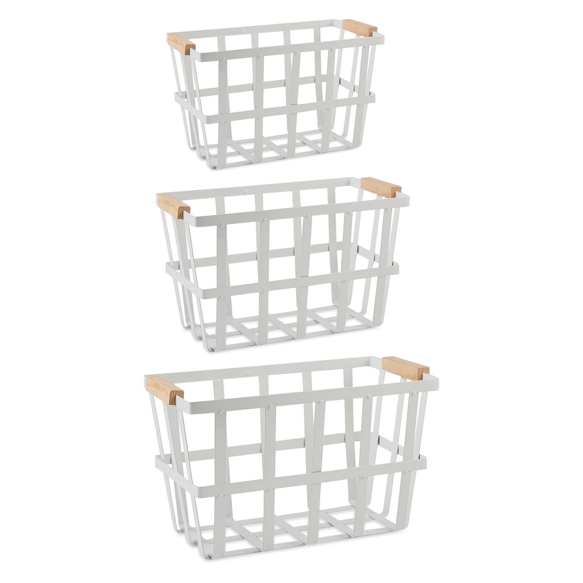 White Metal Rectangular Storage Basket Set with Wooden Handles