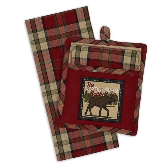 DII Moosetrail Lodge Red Plaid Potholder and Dishtowel Gift Set