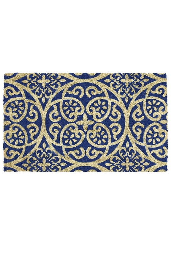 DII Natural Coir Geometric Modern Outdoor Door Mat, Front Porch Décor, 17x29", Blue Tunisia Scroll