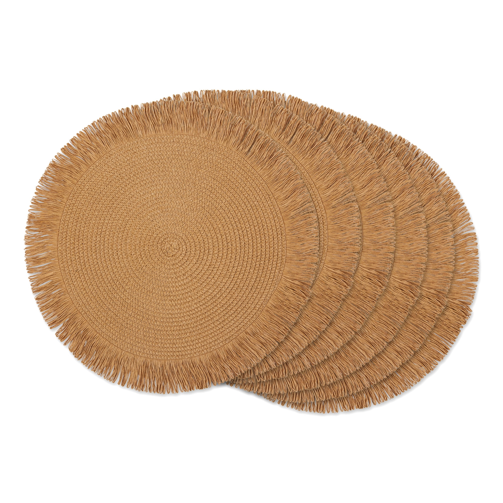 Contemporary Home Living Woven Fringed Round Placemats - 15" - Hazelnut Brown - Set of 6
