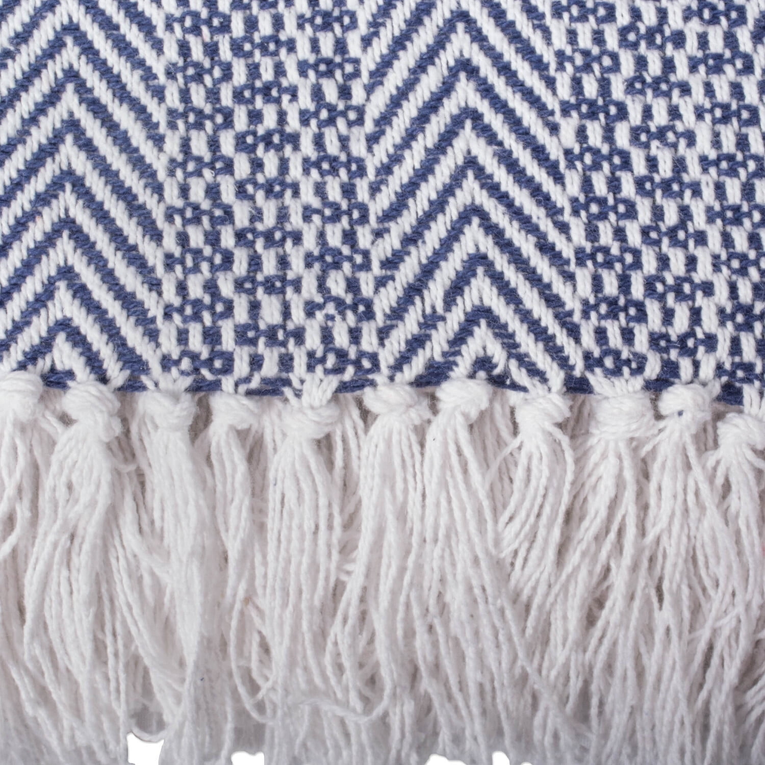 Nautical Blue Herringbone Cotton Throw Blanket with Fringe