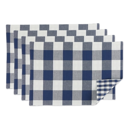 Contemporary Home Living Gingham and Buffalo Check Placemats - 19" - Midnight Blue and White - Set