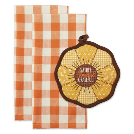 DII Orange Plaid Cotton Sunflower Potholder Gift (Set of 3)