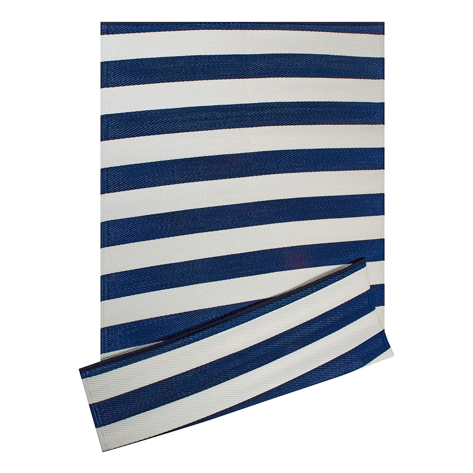 Navy and White 4' x 6' Stripe Synthetic Rectangular Washable Rug
