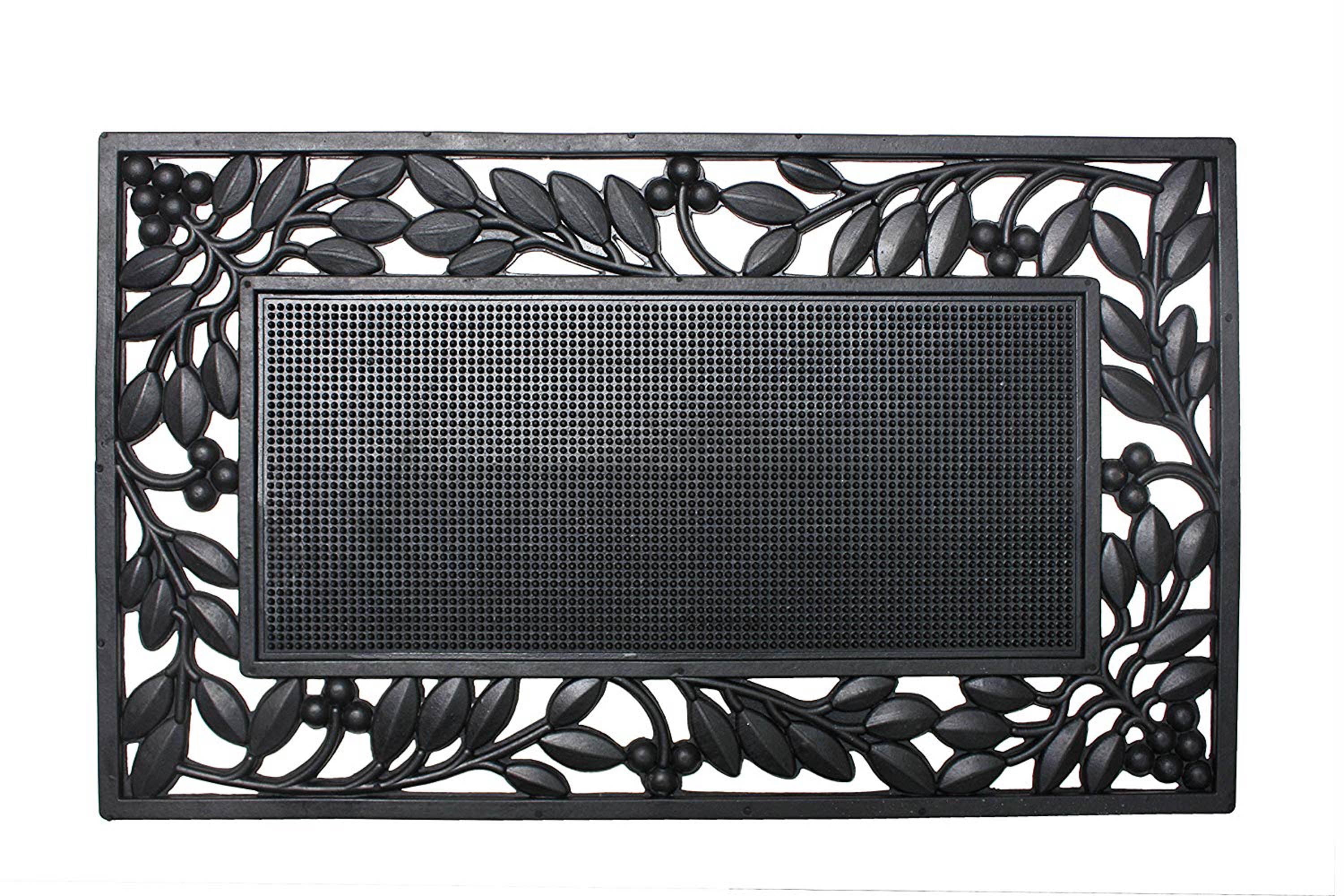 Black Rubber Outdoor Doormat with Leaf Border Design
