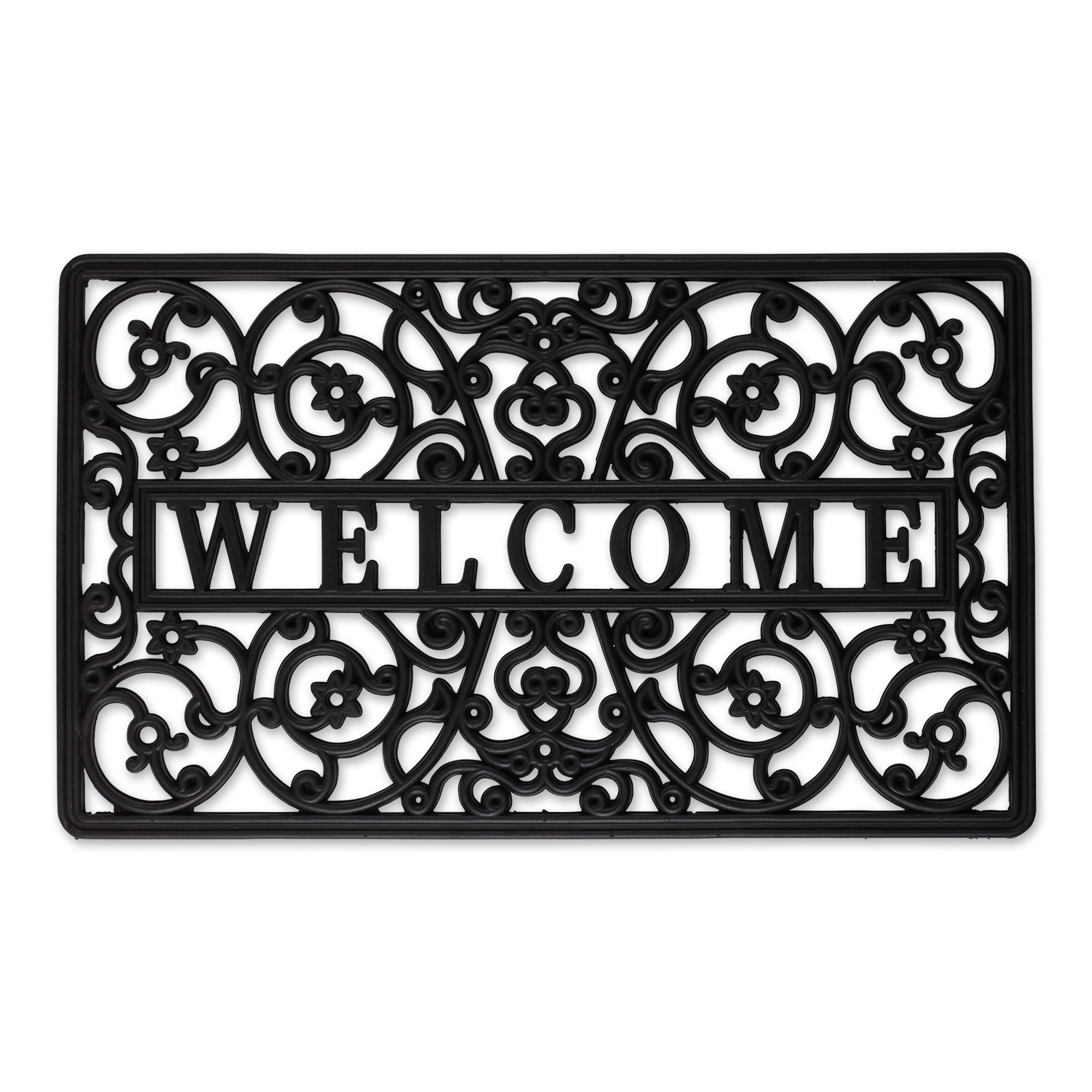 Black Rubber Outdoor Welcome Scroll Doormat, 18x30 Inches