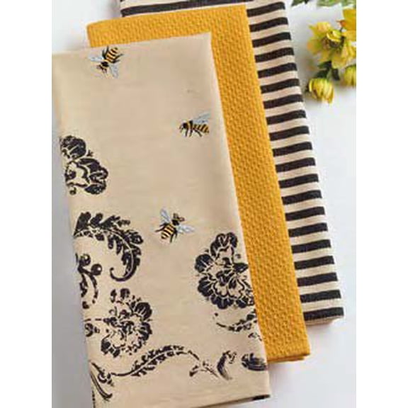 DII Set of 3 Busy Bee Kitchen Dishtowels with Petite Stripe