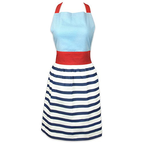 Light Blue and Red Cotton Nautical Stripe Skirted Apron
