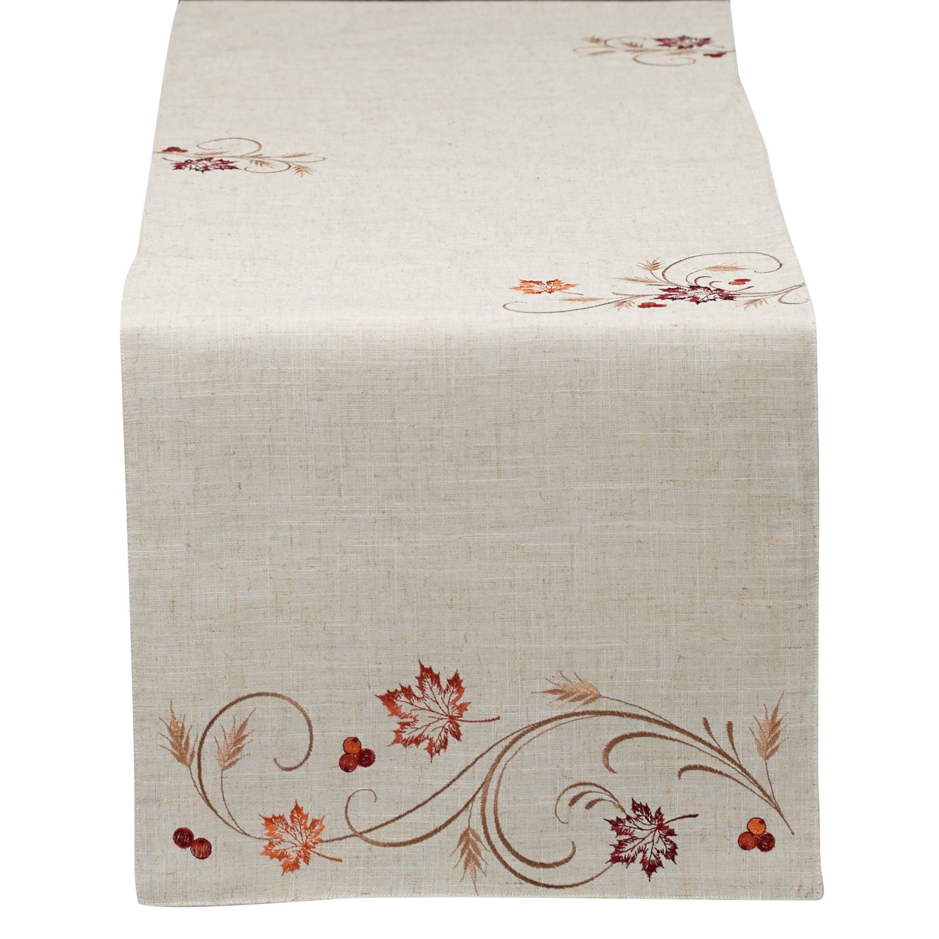 Autumn Wheat Embroidered Beige and Orange Table Runner 14x70