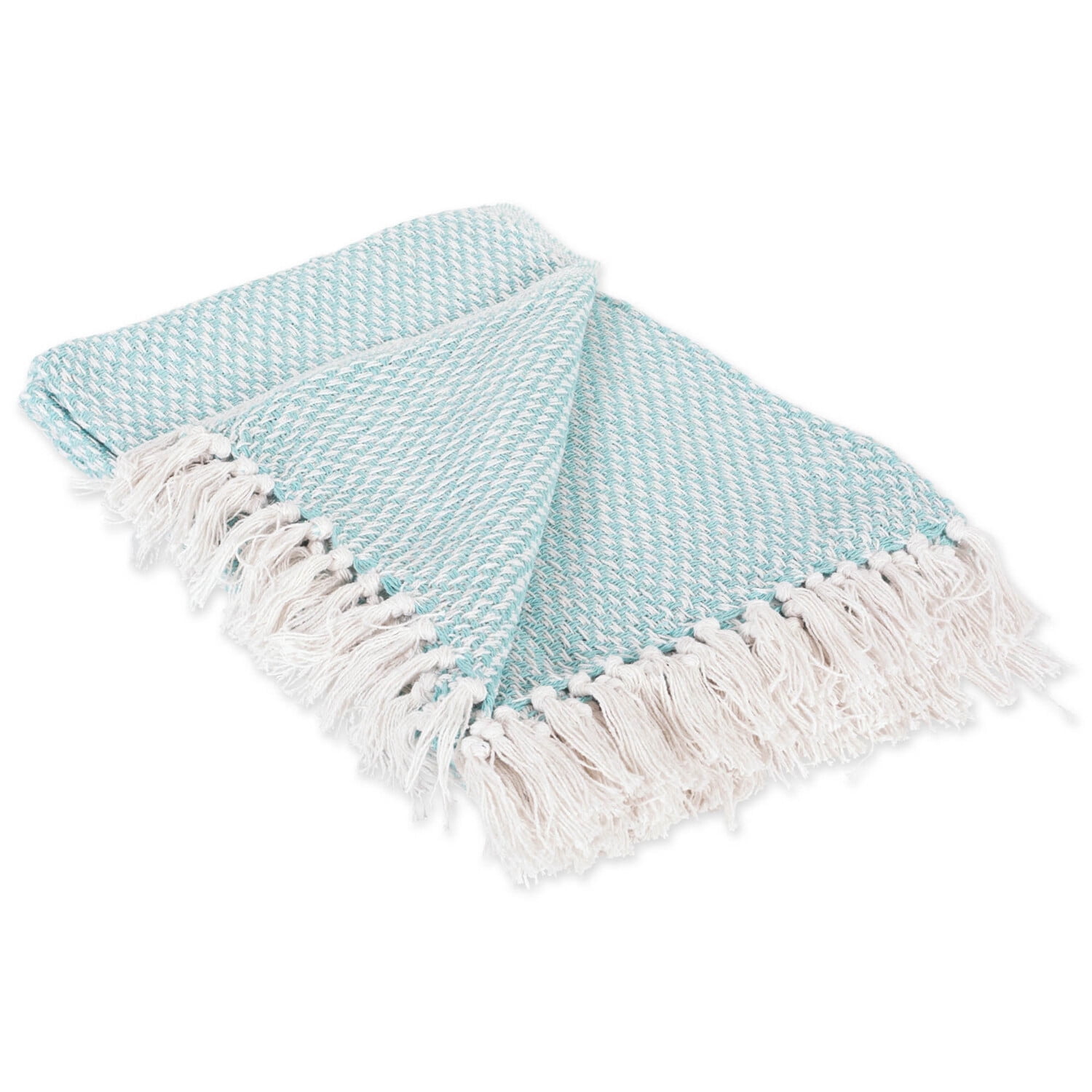 Aqua Blue Cotton Woven Throw Blanket with Fringe