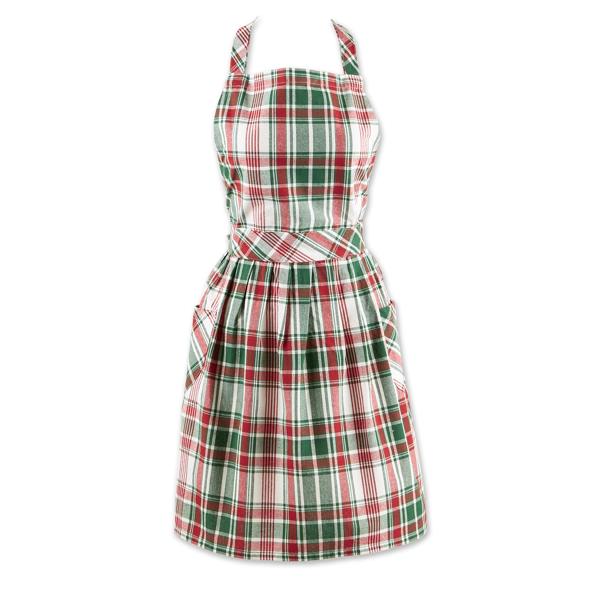 Festive Red and Green Plaid Cotton Apron with Pockets