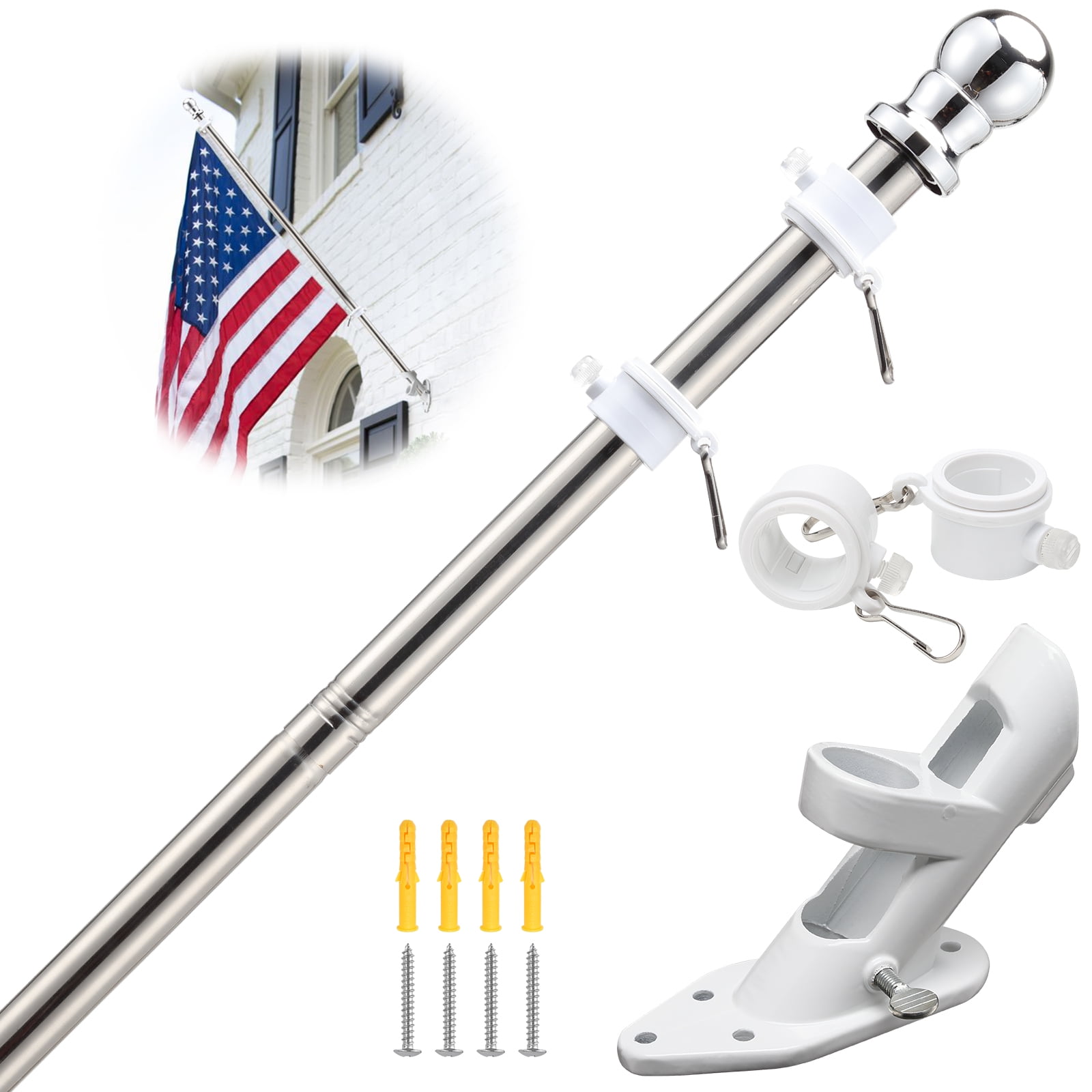 DIIG 6FT Flag Pole Kit For American Flag, Stainless Steel Rustproof FlagPoles And Mounting Bracket For Outdoor Residential House Garden Yard Truck-Silver Color