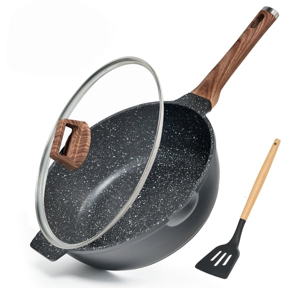 DIIG Deep Frying Pan Nonstick with Lid and Spatula, 12 inch / 5.5 Quart Non Stick Granite Stir-Fry Chef Pan Skillet with Scrub Sponge, Saute Pan Cookware, Gas Induction Stovetops Compatible
