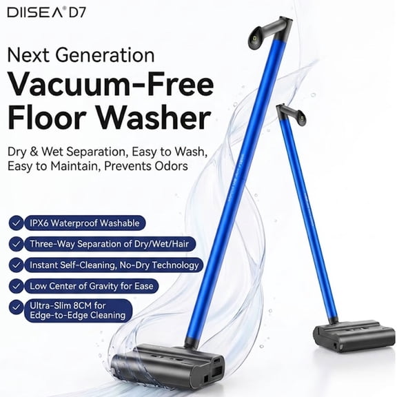 DIISEA D7 Cordless Wet Dry Vacuum Cleaner, 180Lay-Flat Smart Vacuum Mop, 70 Minutes Long Runtime , Dual-Sided Edge Cleaning Lightweight Floor Cleaner