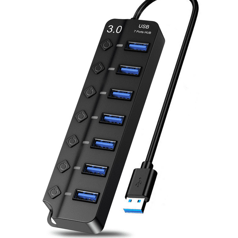 DIKTOOK 7 Port USB Hub Splitter 3.0 Powered for Laptop Computer USB  Extender Hub with Individual Switches 