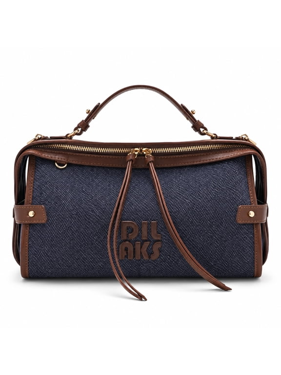 Women's Denim Cowhide Doctor Bag, Retro Satchel Top Handle Crossbody Purse with Dual Zipper Fringe Detail, Navy Blue