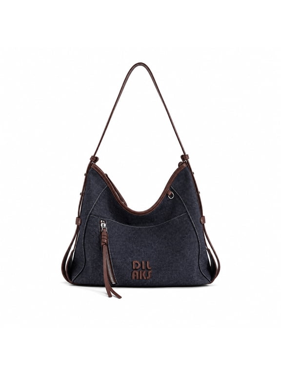 Women's Denim Leather Tote Shoulder Bag, 3-Way Carry Adjustable Strap Triple Zipper Crossbody Purse, Navy Blue