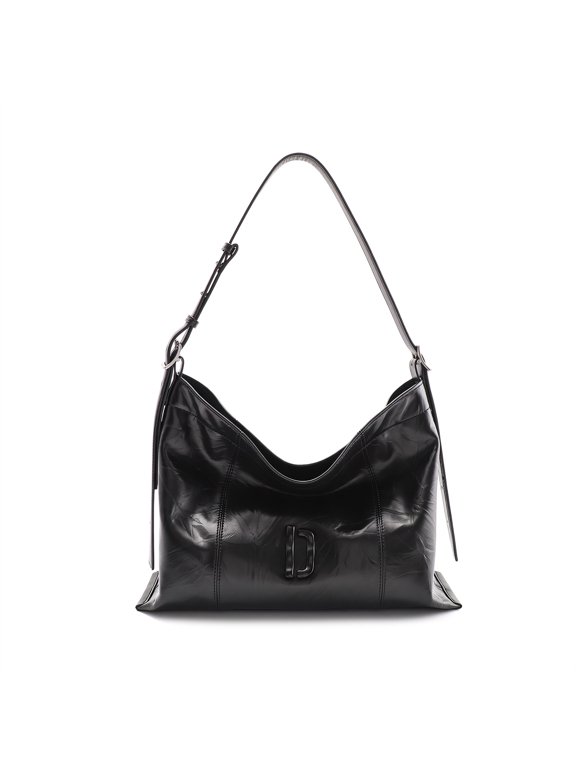 Women's Genuine Leather Shoulder Hobo Bag, Oil-Wax Cowhide Hand-Scratched Texture Crossbody Purse with D-Hardware, Black