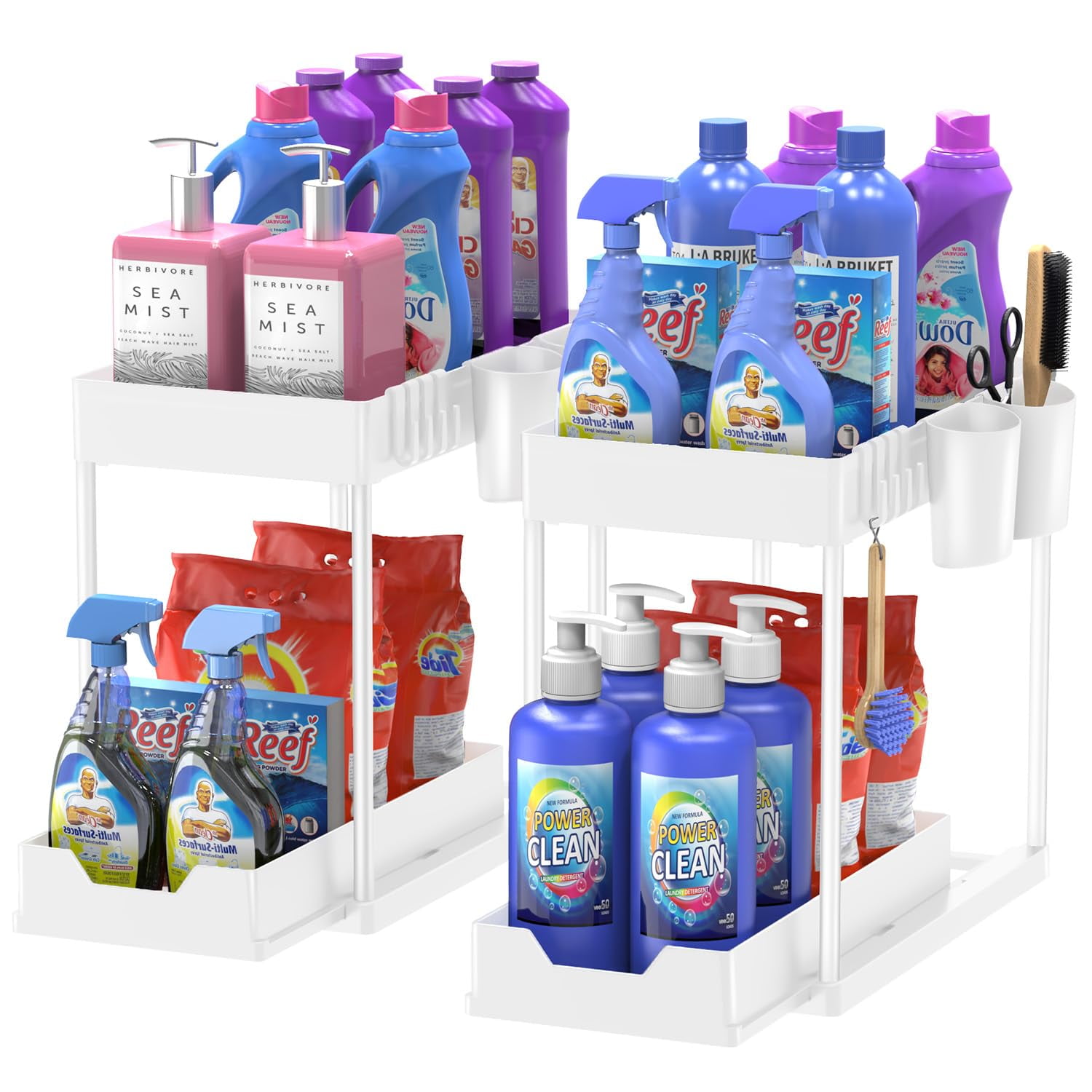White 2-Tier Under Sink Organizer with Hooks and Hanging Cup