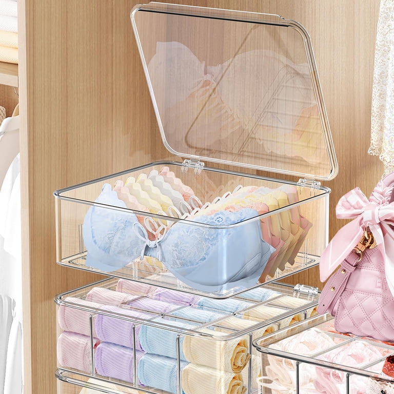 DILIBRA 2pcs Socks Bra Underwear Organizer for Closet, 16 Compartment Removable Divided Plastic Sock Storage Box with Lid, Clear Dresser Drawer Organizer Storage Container for Bra Socks Ties Scarf