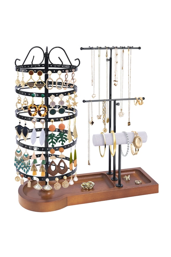 Jewelry Earring Holder Organizer, Adjustable 5 Tiers Rotating Earring Holder 3 Necklace Holder with Wooden Base, Multi-Functional Jewelry Organizer Display Stand for Studs Bracelet (Black)