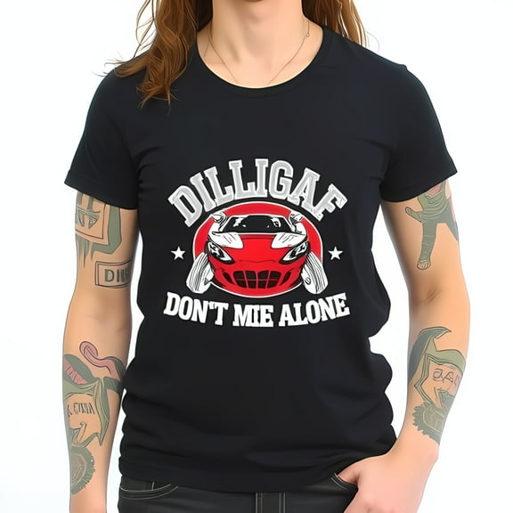 DILLIGAF Graphic Cotton Short Sleeve T-Shirt with Red Sports Car Design & Playful Phrase