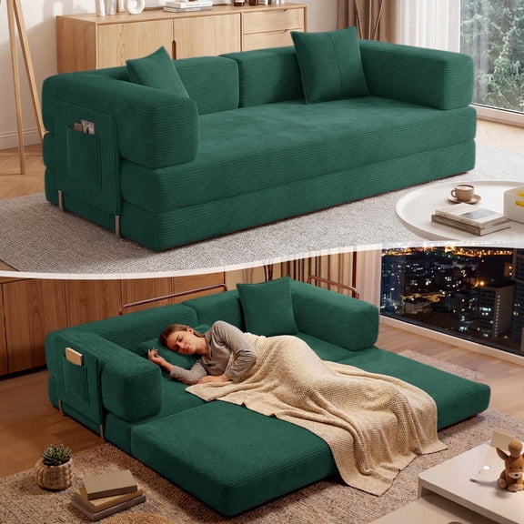 DILORA Convertible Sleeper Sofa Bed,Compressed Floor Boneless Couch,Modular Modern Corduroy Sofa for Living Room Bedroom,Easy Assembly(Emerald Green)78.8''