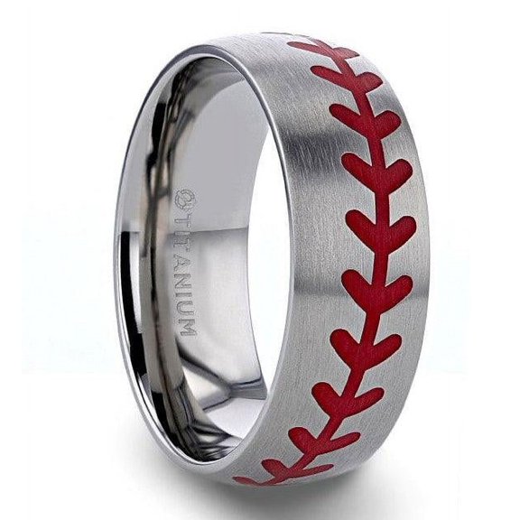 DIMAGGIO Titanium Brushed Finish Ring Red Baseball Stitching Pattern