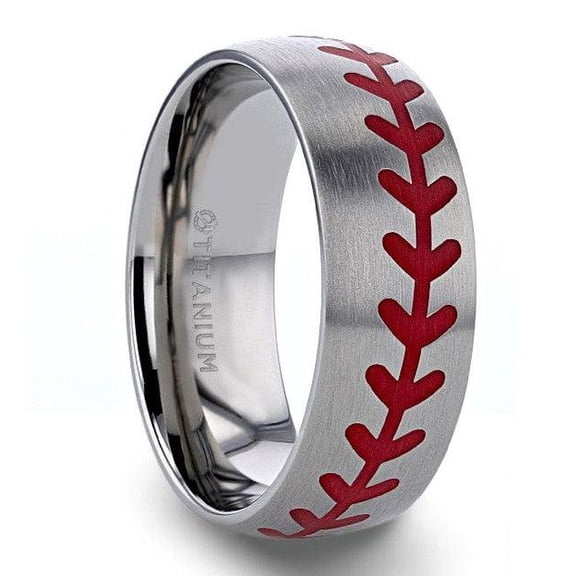 DIMAGGIO Titanium Brushed Finish Ring Red Baseball Stitching Pattern