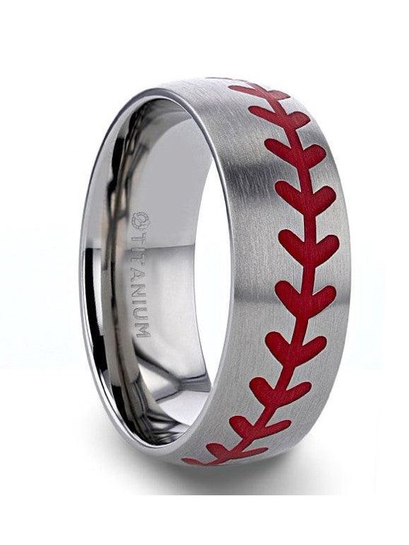DIMAGGIO Titanium Brushed Finish Ring Red Baseball Stitching Pattern