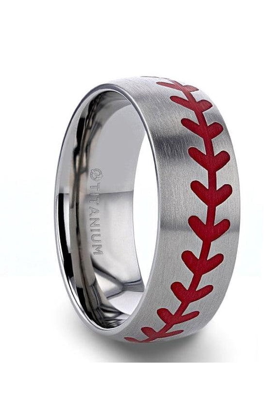 DIMAGGIO Titanium Brushed Finish Ring Red Baseball Stitching Pattern