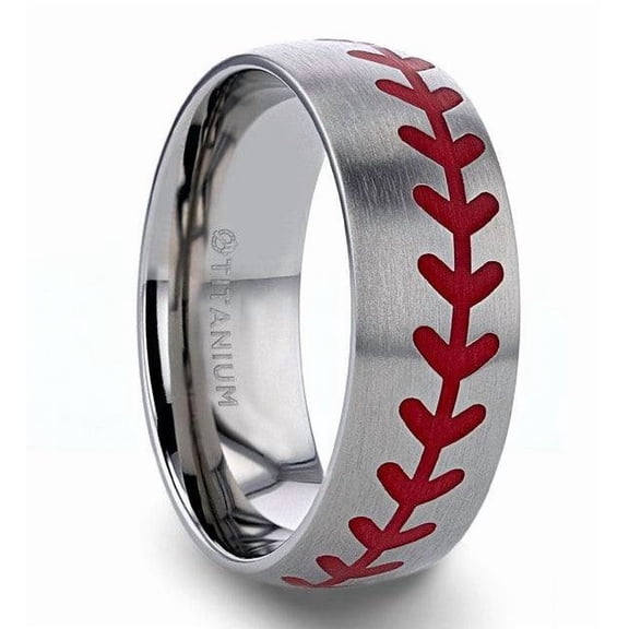 DIMAGGIO Titanium Brushed Finish Ring Red Baseball Stitching Pattern