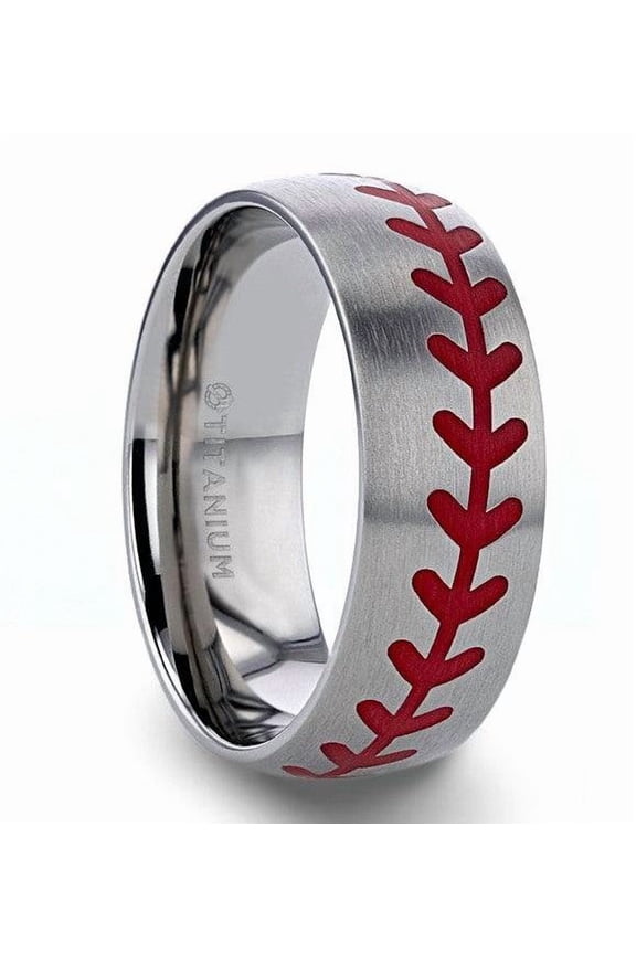 DIMAGGIO Titanium Brushed Finish Ring Red Baseball Stitching Pattern