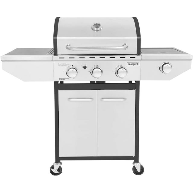 DIMAR GARDEN 3-Burner Propane Gas Grill with Side Burner, Outdoor Cabinet Grill for BBQ, Stainless Steel