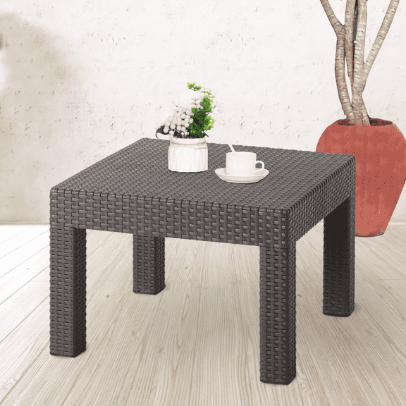 DIMAR GARDEN Outdoor Patio Coffee Table Resin Wicker Side Table Balcony Square End Table, Mocha(22.8x22.8x15.8 inch)